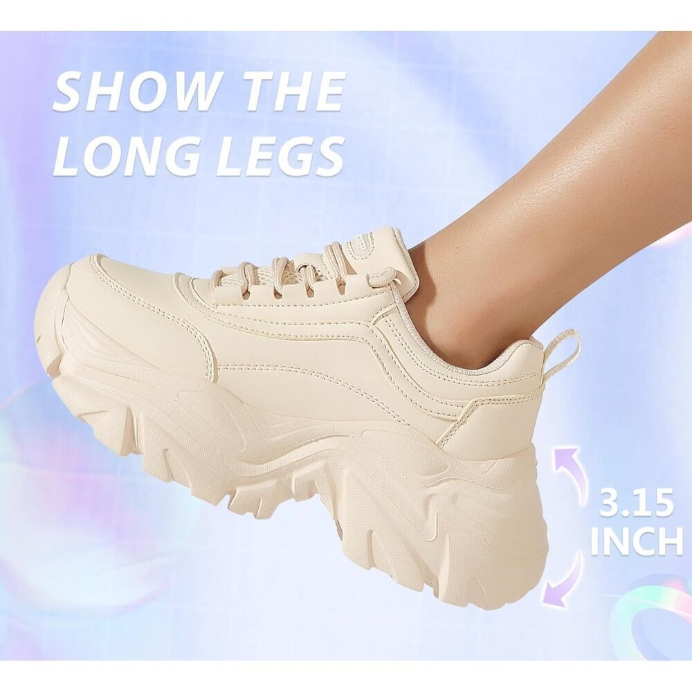 Lucky Step Women Beige Rhinestone Lace Up Chunky Dad Casual Walking Sneakers - Picture 4 of 9